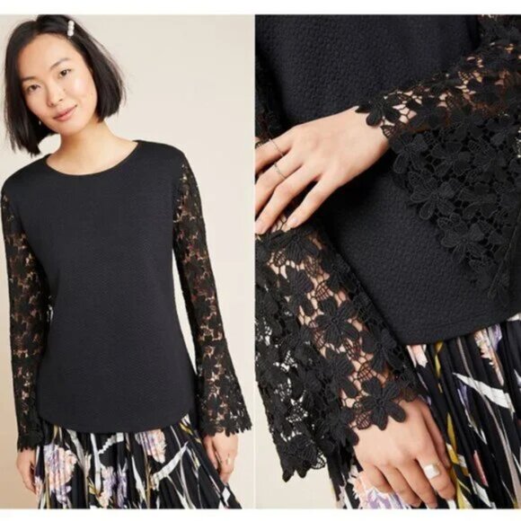 Eri + Ali for Anthropologie Delilah Black Long Sleeve Lace Top - Picture 2 of 7